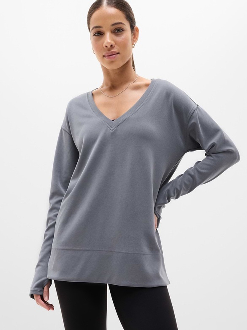 Athleta Seasoft V Neck Sweatshirt Long Sleeve Pullover in Slate Grey, size L